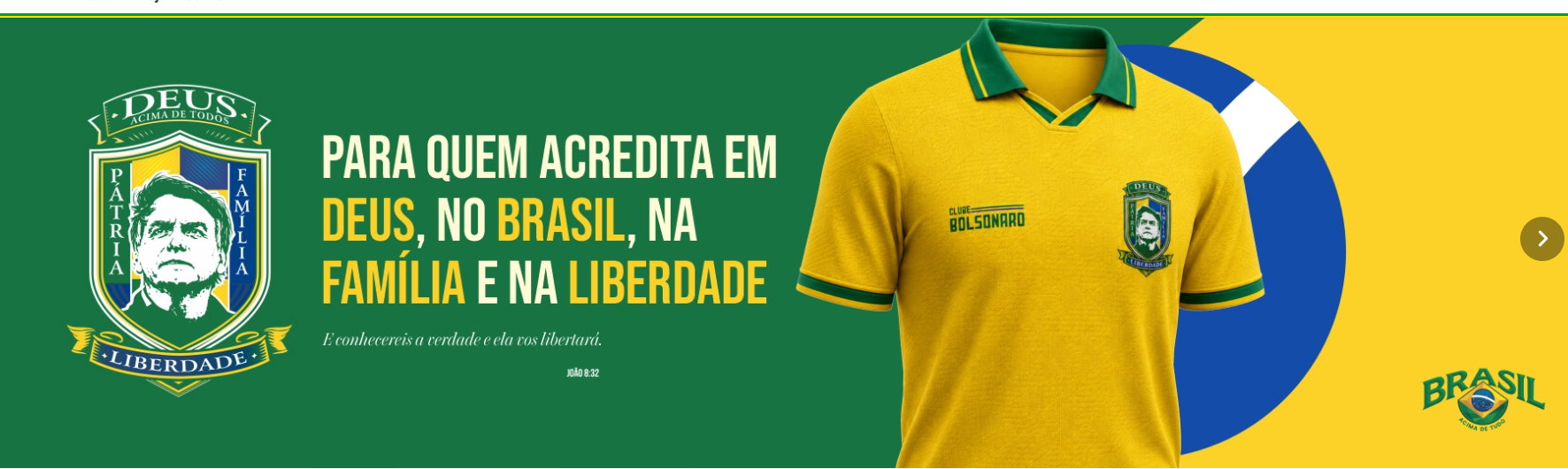 Faixa com camiseta amarela, bandeira do Brasil e mensagem da coleção